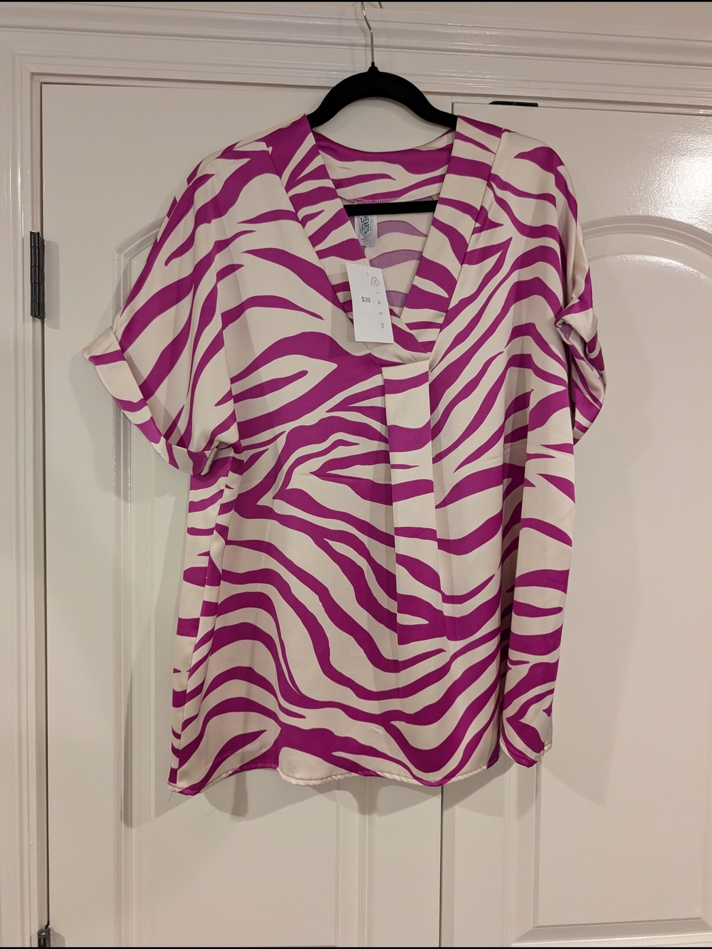 Pink Zebra Print V-Neck Short Sleeve Blouse